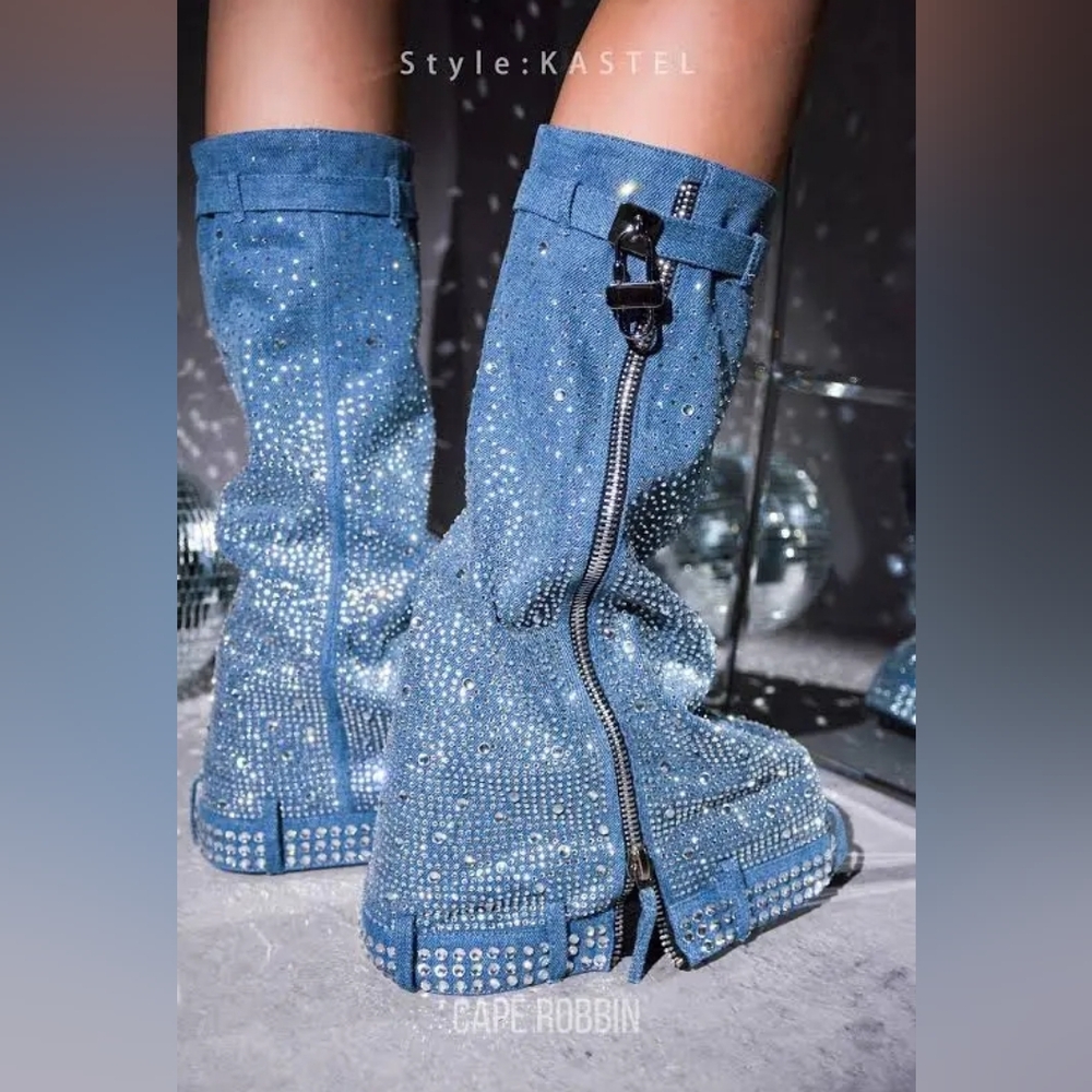 Cape Robbin Blue Rhinestone Embellished Chunky Heeled Boots